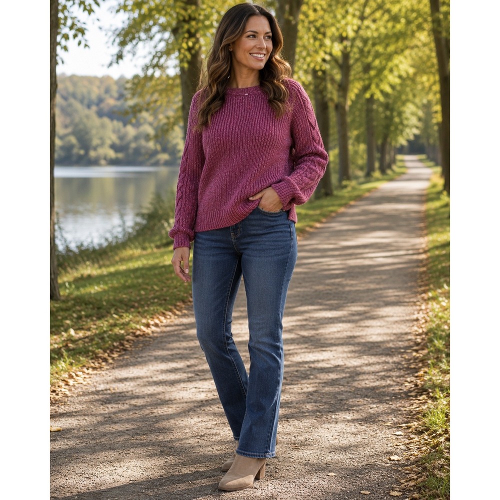 Leo & Nicole Womens 2X Pink Marled Sweater Cable Knit Balloon Sleeve Cotton